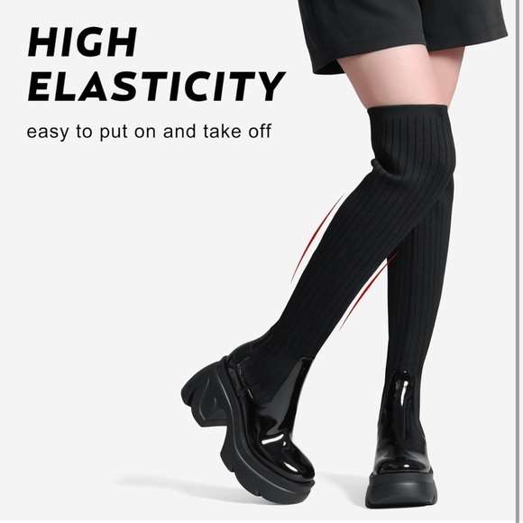 Thigh High Boots Round Toe Mid Chunky Heel Stretch Over the Knee Boots - Picture 2 of 6